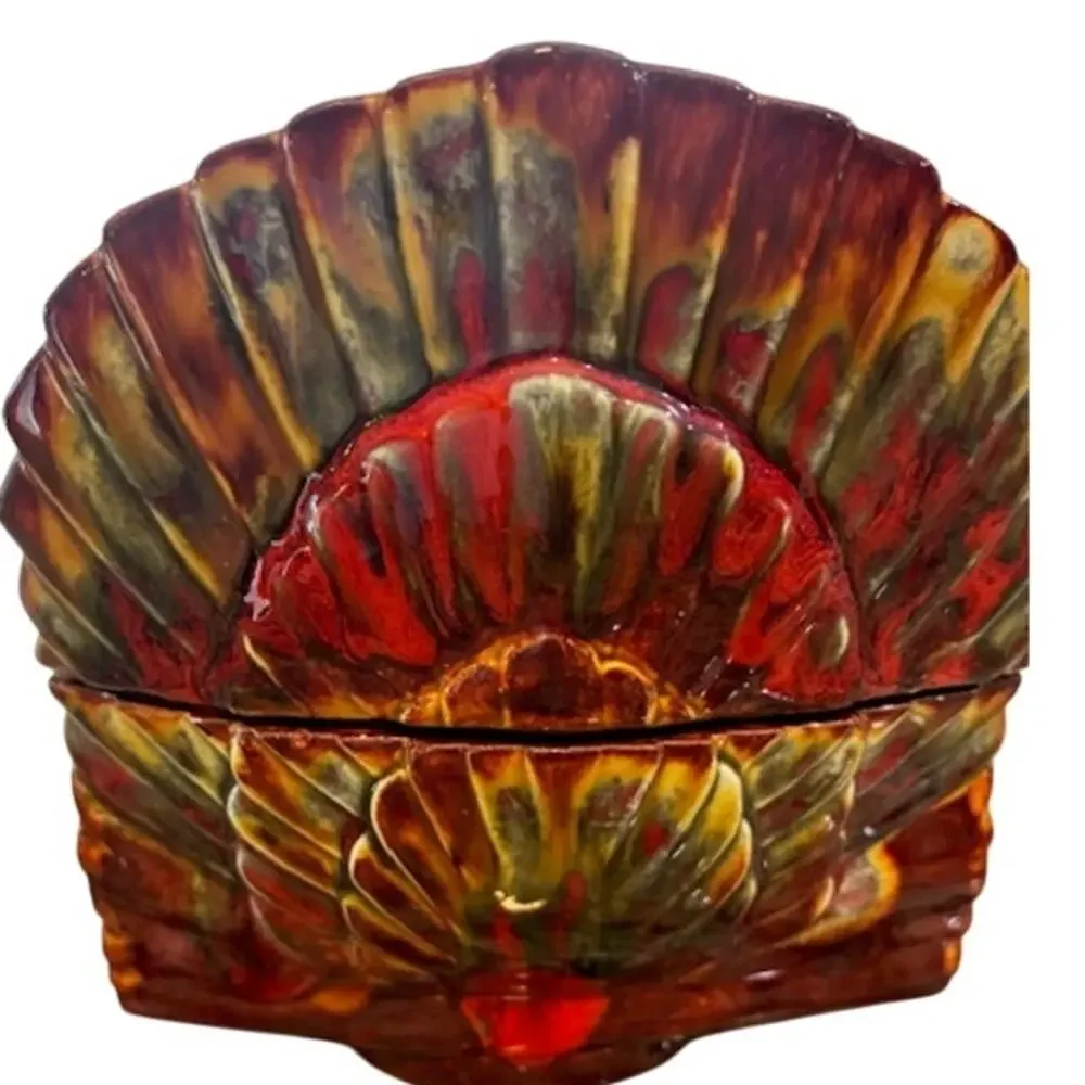 Vintage Ceramic Turkey Candy Box Trinket‎ Box Hand Painted
